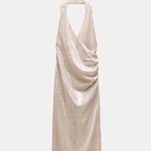 Zara Light Pink Sequin Ruched Halter Midi Dress | Worn Once